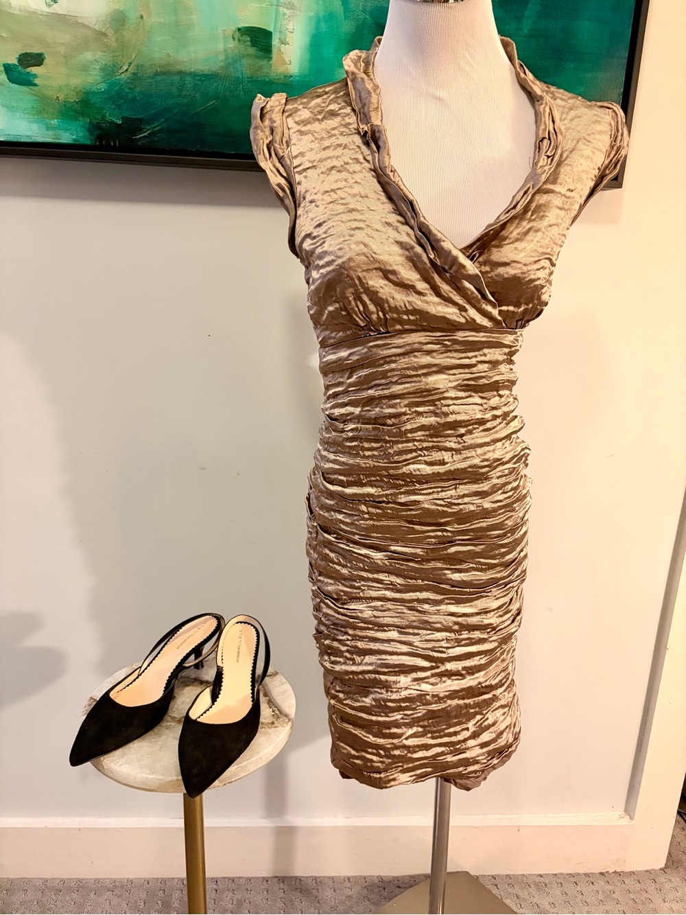 Nicole Miller Champagne Taupe Ruched Tafeta Dress